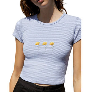 Brandy Melville Ashlyn Poppy Embroidered Flowers Baby Tee Crop Top, Blue, OS